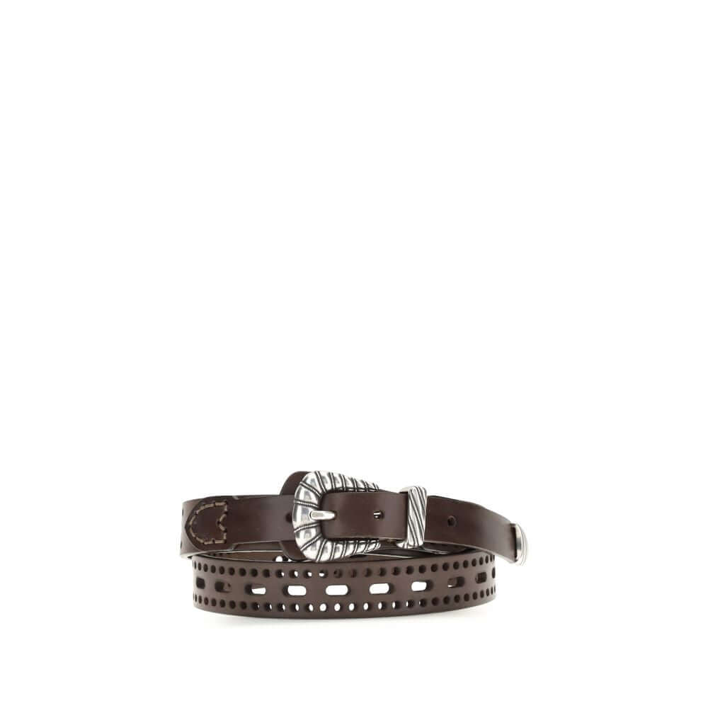 Brown Calf Leather Bos Taurus BeltLeather Belt by Etro stands out for its perforated details and refined style. It is complemented by metal elements with a silver finish and engraved workmanship, adding a sophisticated, handcrafted touch to the accessory.