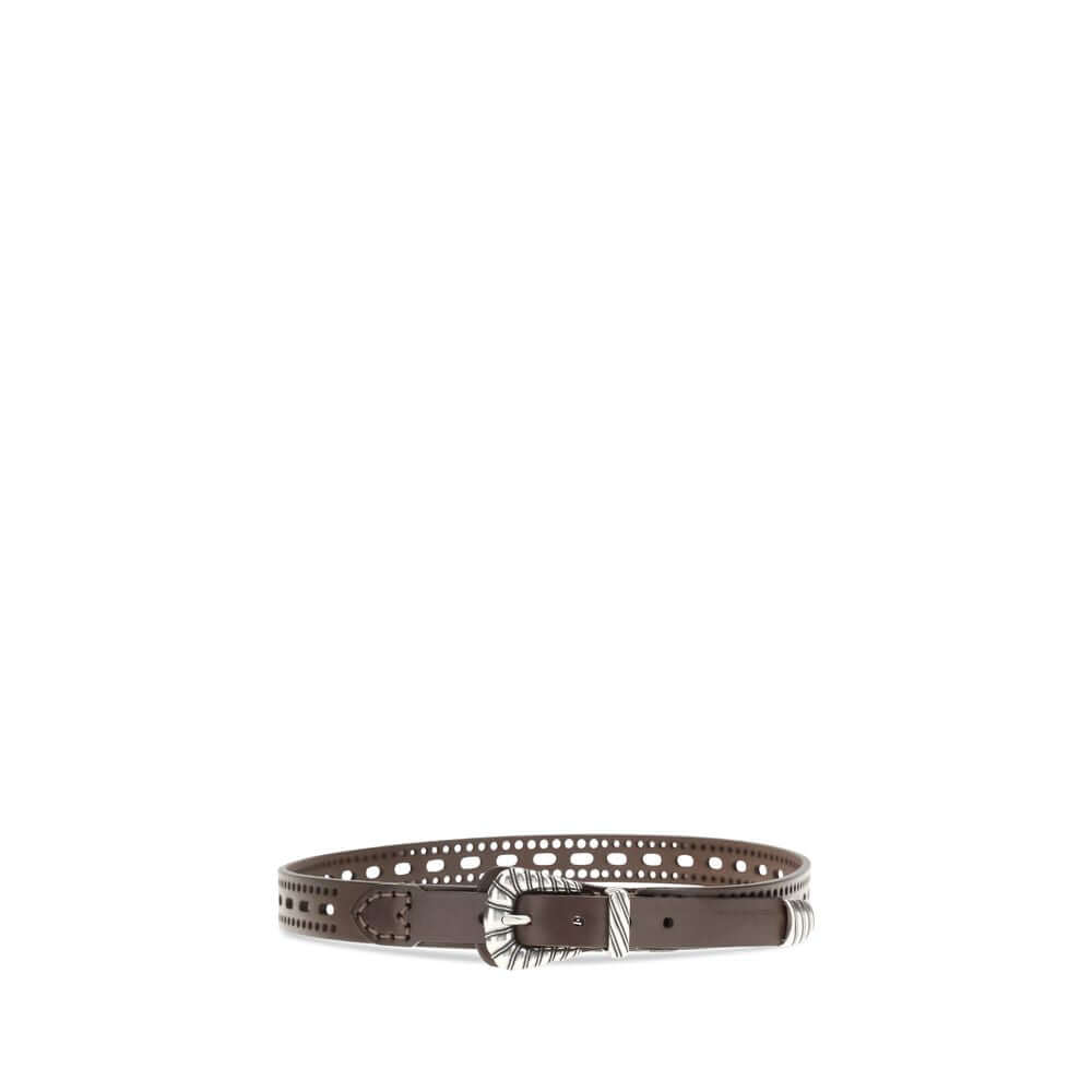 Brown Calf Leather Bos Taurus BeltLeather Belt by Etro stands out for its perforated details and refined style. It is complemented by metal elements with a silver finish and engraved workmanship, adding a sophisticated, handcrafted touch to the accessory.