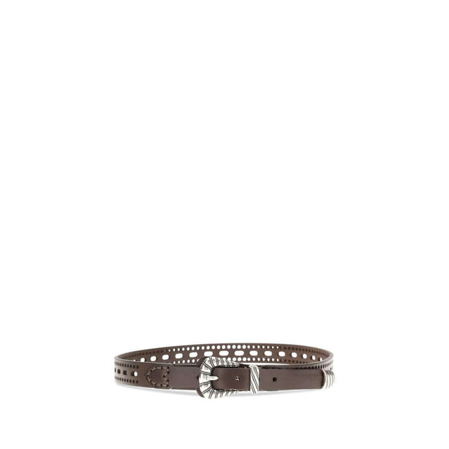 Brown Calf Leather Bos Taurus BeltLeather Belt by Etro stands out for its perforated details and refined style. It is complemented by metal elements with a silver finish and engraved workmanship, adding a sophisticated, handcrafted touch to the accessory.