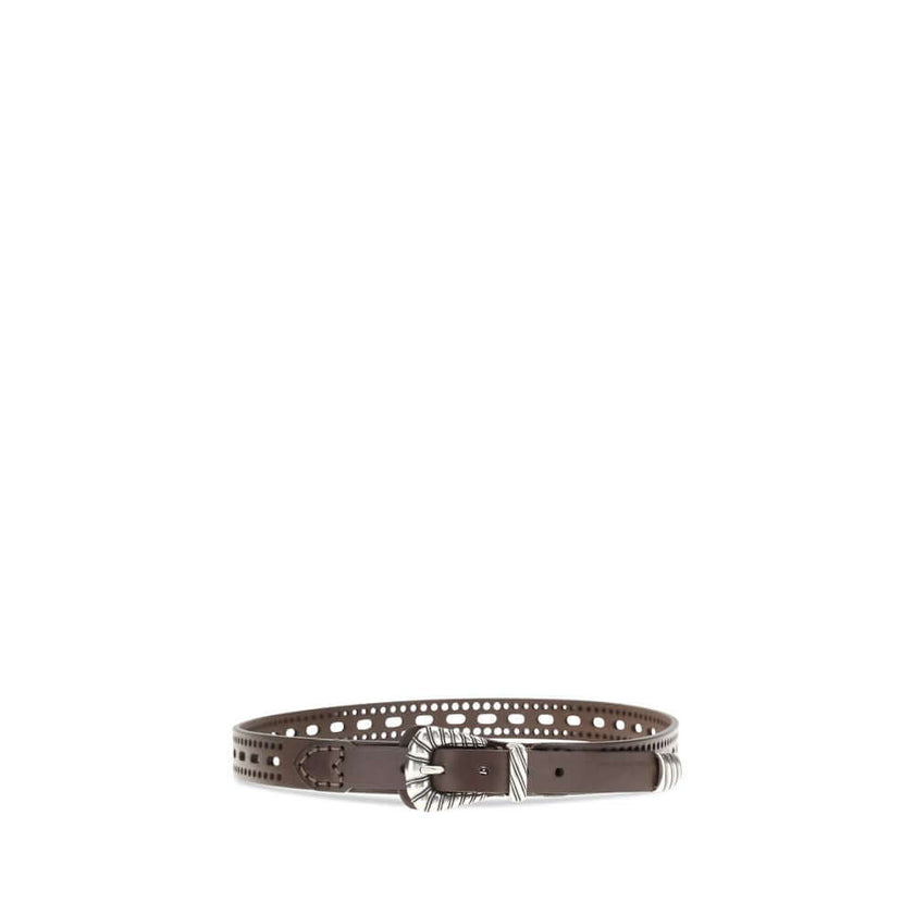 Brown Calf Leather Bos Taurus BeltLeather Belt by Etro stands out for its perforated details and refined style. It is complemented by metal elements with a silver finish and engraved workmanship, adding a sophisticated, handcrafted touch to the accessory.