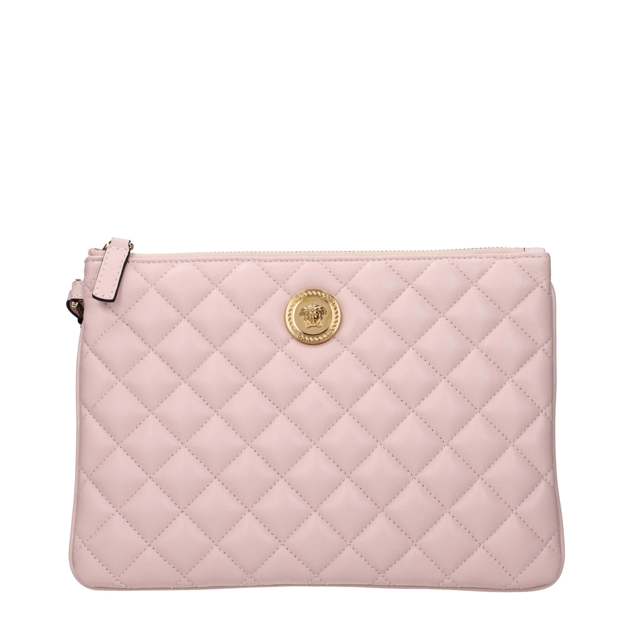 Pink Leather Clutch BagDescription: The product with MPN 10155791A039121PV4V and code F85126 leather in pink is a clutches designed by Versace. It has features like front detail, removable handle.Pink Leather Clutch Bag${tagsVersaceAulae Pink Leather Clut