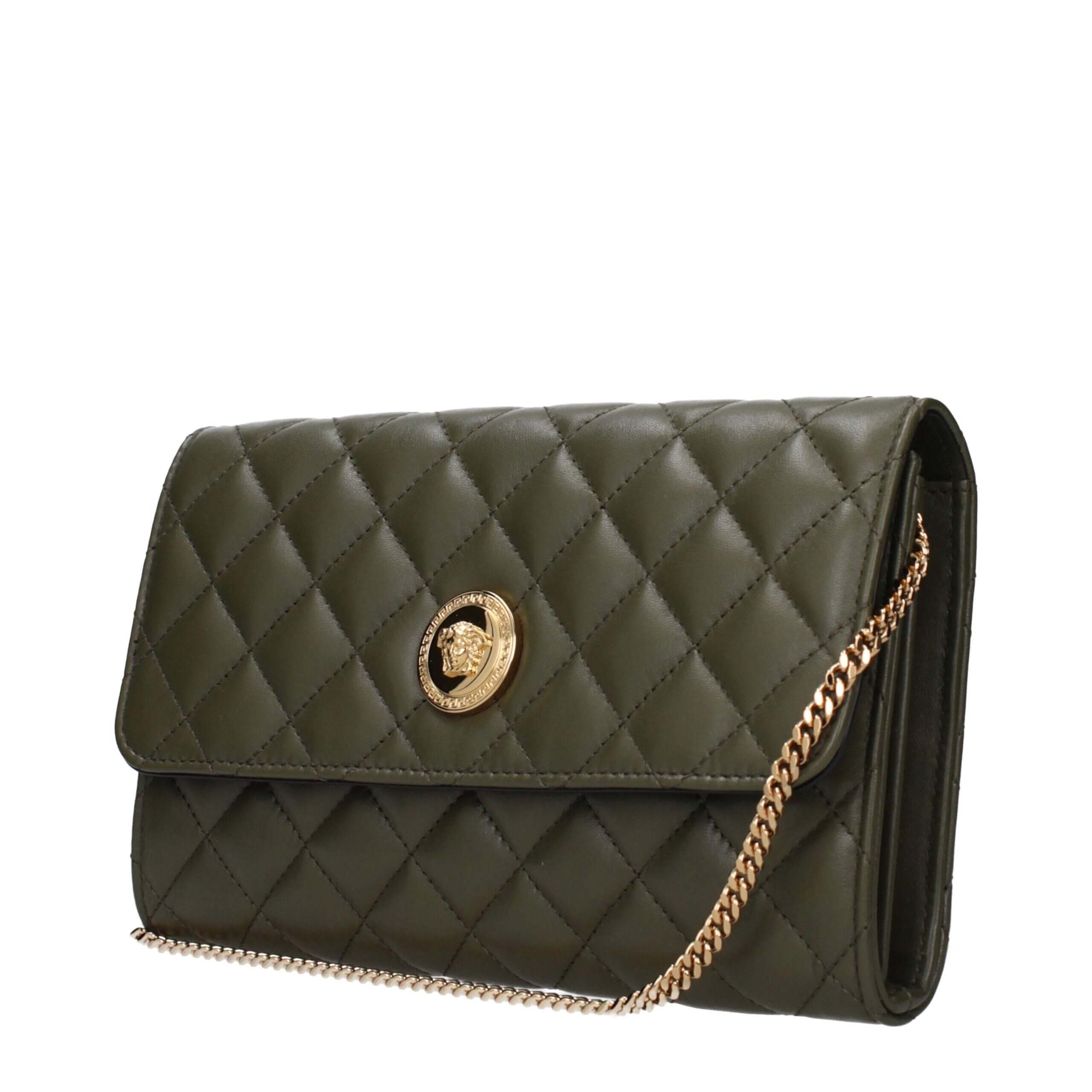 Green Leather Clutch BagDescription: The product with MPN DBSI159S1A039121GM1V and code F83949 leather in green is a clutches designed by Versace. It has features like divider inner pocket, front logo, removable shoulder.Green Leather Clutch Bag${tagsVers