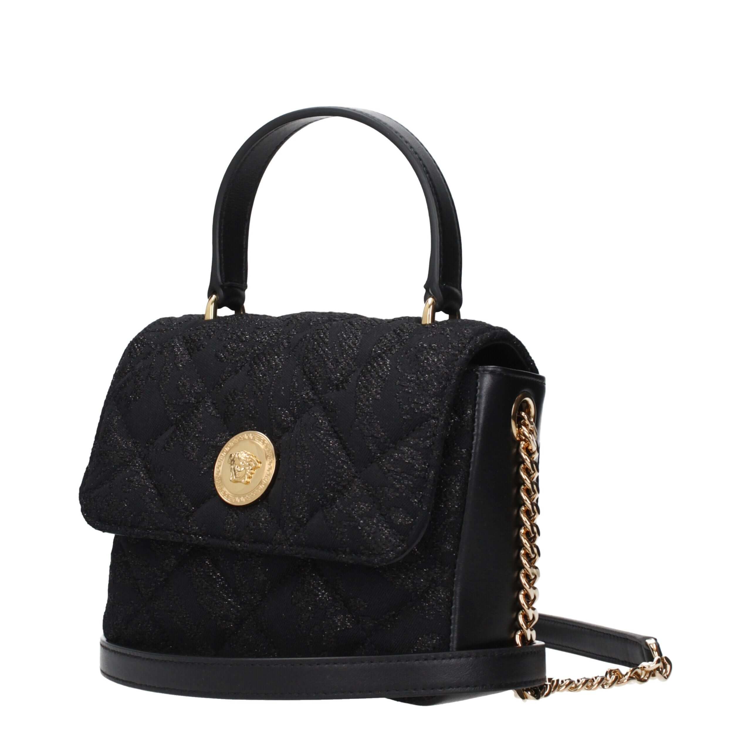 Black Fabric HandbagDescription: The product with MPN 10207061A157191B00V and code F85131 fabric in black is a handbags designed by Versace. It has features like front detail, removable shoulder.Black Fabric Handbag${tagsVersaceAulae Black Fabric Handbag