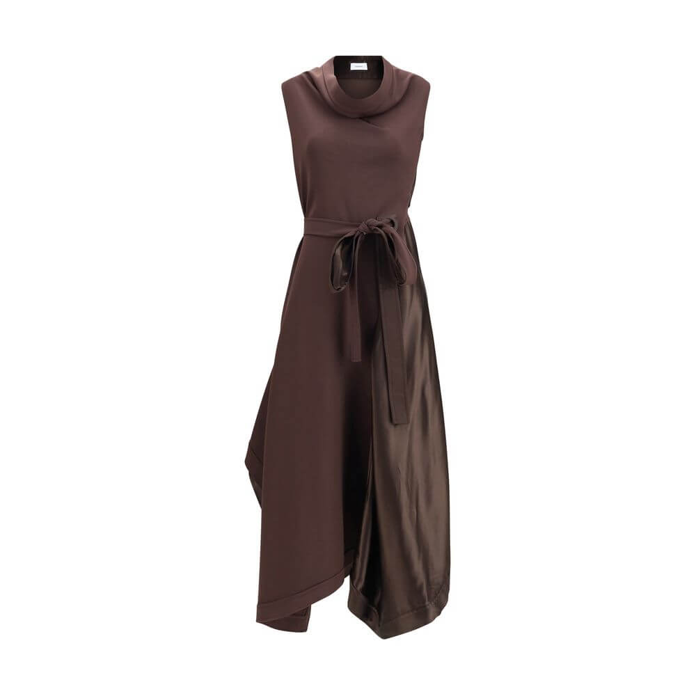 Brown Viscose Cocktail DressThe asymmetric Dress crafted from stretch viscose cady, enhanced by satin side panels that create a refined textural contrast. The draped cowl neckline softens the silhouette, while the waist is accentuated by a sash threaded t