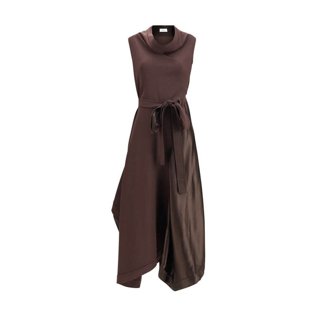 Brown Viscose Cocktail DressThe asymmetric Dress crafted from stretch viscose cady, enhanced by satin side panels that create a refined textural contrast. The draped cowl neckline softens the silhouette, while the waist is accentuated by a sash threaded t