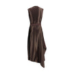Brown Viscose Cocktail DressThe asymmetric Dress crafted from stretch viscose cady, enhanced by satin side panels that create a refined textural contrast. The draped cowl neckline softens the silhouette, while the waist is accentuated by a sash threaded t