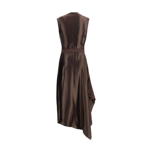 Brown Viscose Cocktail DressThe asymmetric Dress crafted from stretch viscose cady, enhanced by satin side panels that create a refined textural contrast. The draped cowl neckline softens the silhouette, while the waist is accentuated by a sash threaded t