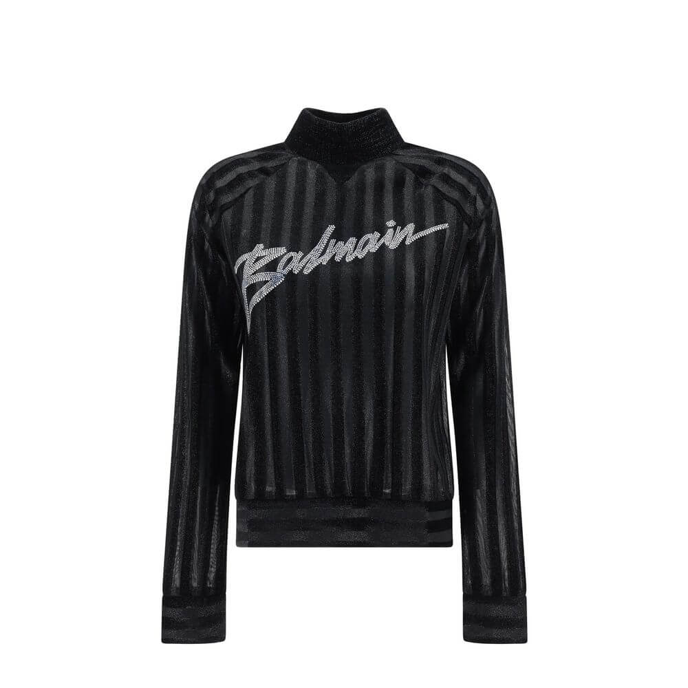 Black Elastane SweatshirtDescription: – Composition: 10% Elastane 90% Polyester – Long sleeves – Ribbed trims – Semi-transparent – Hand wash – Front crystal logo detail – Made in France – Gender: WOMEN –Black Elastane Sweatshirt${tagsBalmainAulae Black El