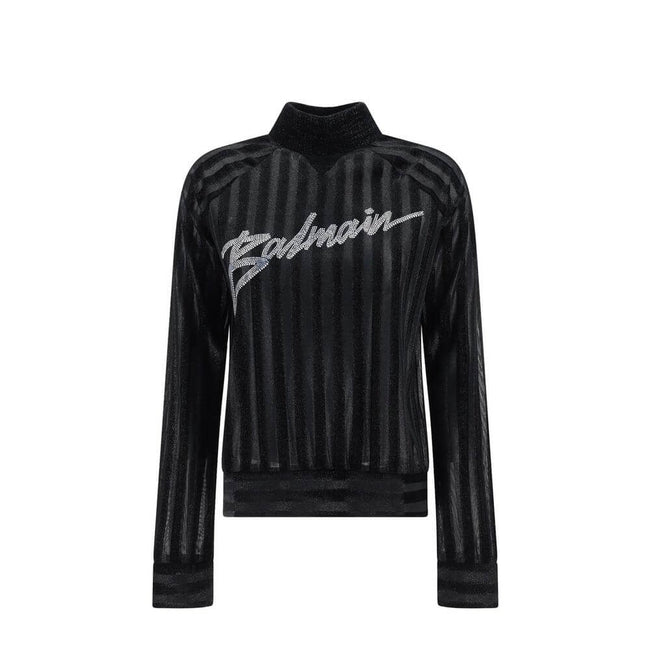 Black Elastane SweatshirtDescription: – Composition: 10% Elastane 90% Polyester – Long sleeves – Ribbed trims – Semi-transparent – Hand wash – Front crystal logo detail – Made in France – Gender: WOMEN –Black Elastane Sweatshirt${tagsBalmainAulae Black El