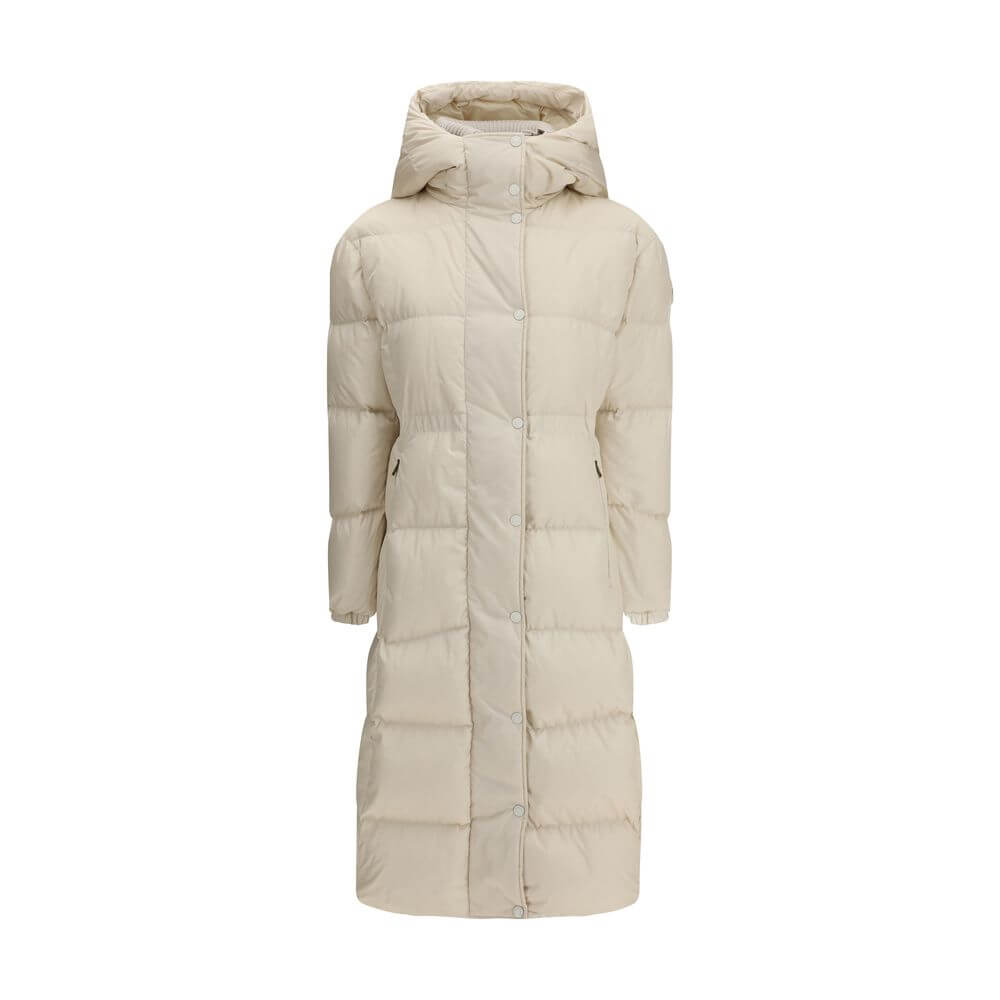 The long Down Jacket with hood and wool trimsThe long Moncler down jacket with hood in black nylon technique is padded and made from water-repellent fabric. Featuring a longue saison lining, it comes with a detachable and adjustable hood, removable knitte
