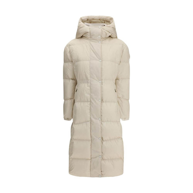The long Down Jacket with hood and wool trimsThe long Moncler down jacket with hood in black nylon technique is padded and made from water-repellent fabric. Featuring a longue saison lining, it comes with a detachable and adjustable hood, removable knitte