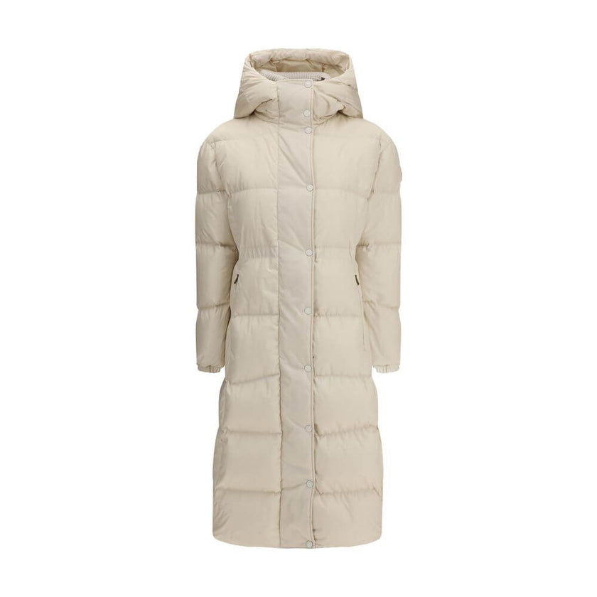 The long Down Jacket with hood and wool trimsThe long Moncler down jacket with hood in black nylon technique is padded and made from water-repellent fabric. Featuring a longue saison lining, it comes with a detachable and adjustable hood, removable knitte