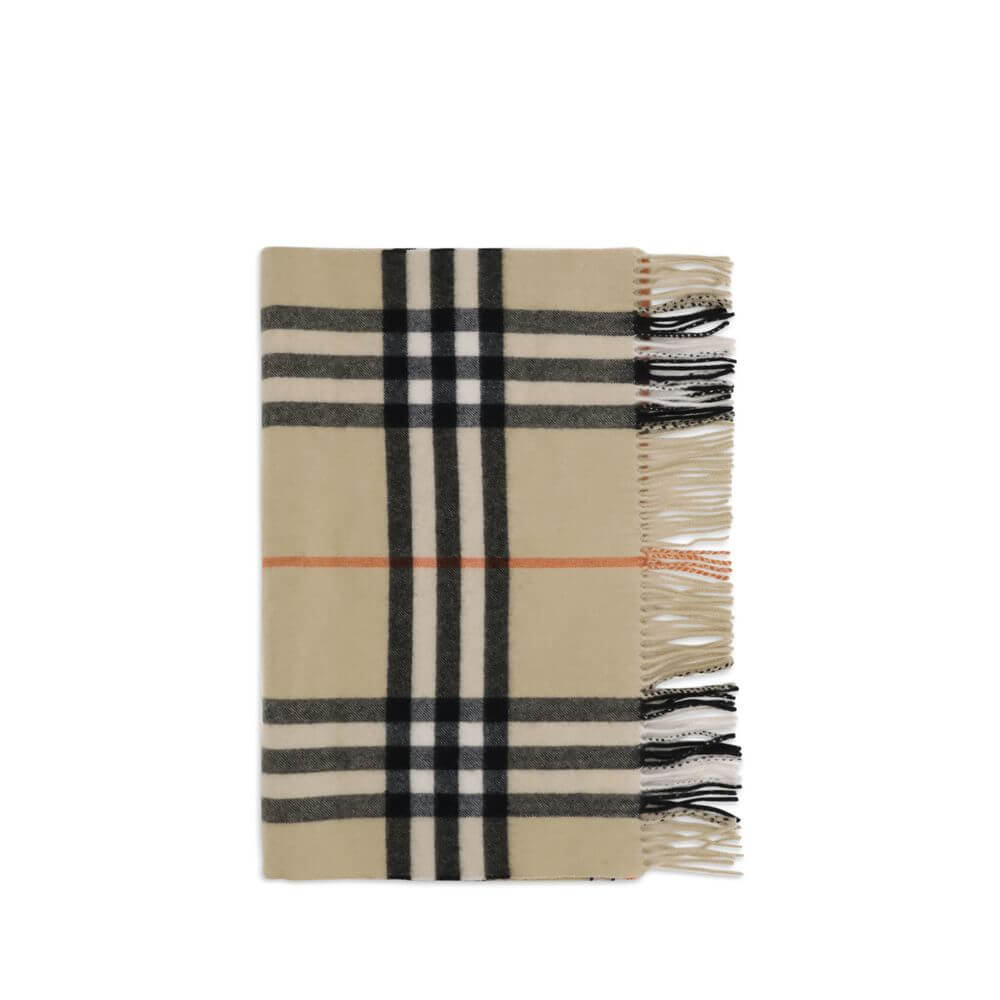 Beige Cashmere ScarfThe Wide Check Cashmere Scarf by Burberry combines the luxury of fine cashmere with the unmistakable House check pattern. Featuring a rectangular shape, fringed edges, and a subtle logo tag, it is a timeless accessory that elevates any