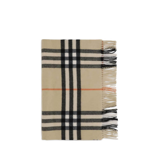 Beige Cashmere ScarfThe Wide Check Cashmere Scarf by Burberry combines the luxury of fine cashmere with the unmistakable House check pattern. Featuring a rectangular shape, fringed edges, and a subtle logo tag, it is a timeless accessory that elevates any