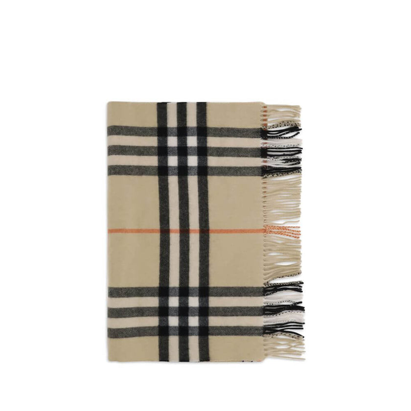Beige Cashmere ScarfThe Wide Check Cashmere Scarf by Burberry combines the luxury of fine cashmere with the unmistakable House check pattern. Featuring a rectangular shape, fringed edges, and a subtle logo tag, it is a timeless accessory that elevates any