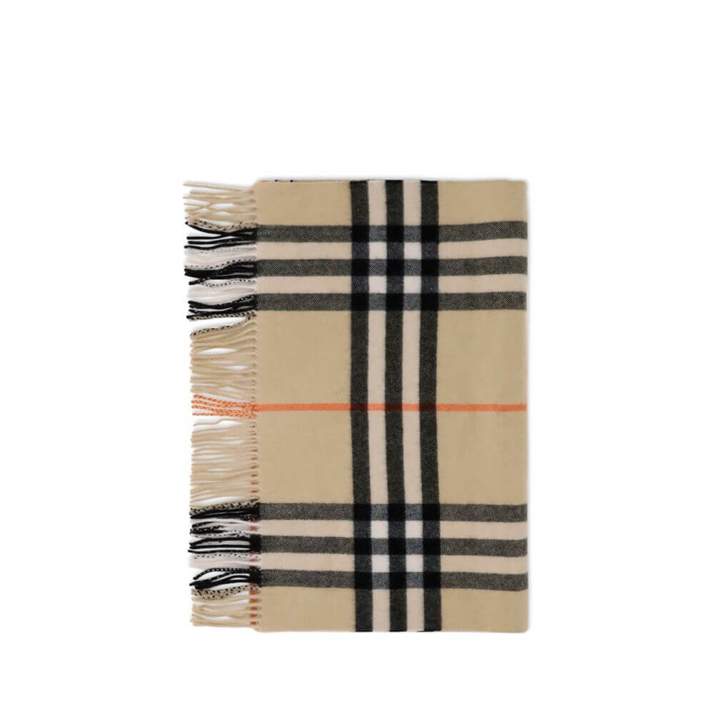 Beige Cashmere ScarfThe Wide Check Cashmere Scarf by Burberry combines the luxury of fine cashmere with the unmistakable House check pattern. Featuring a rectangular shape, fringed edges, and a subtle logo tag, it is a timeless accessory that elevates any