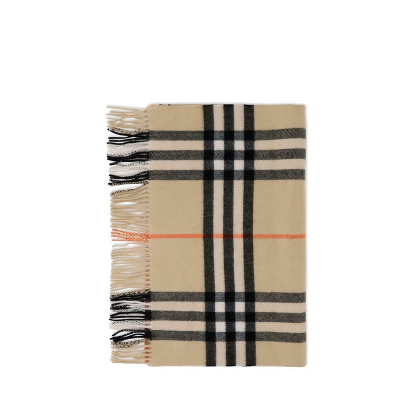 Beige Cashmere ScarfThe Wide Check Cashmere Scarf by Burberry combines the luxury of fine cashmere with the unmistakable House check pattern. Featuring a rectangular shape, fringed edges, and a subtle logo tag, it is a timeless accessory that elevates any