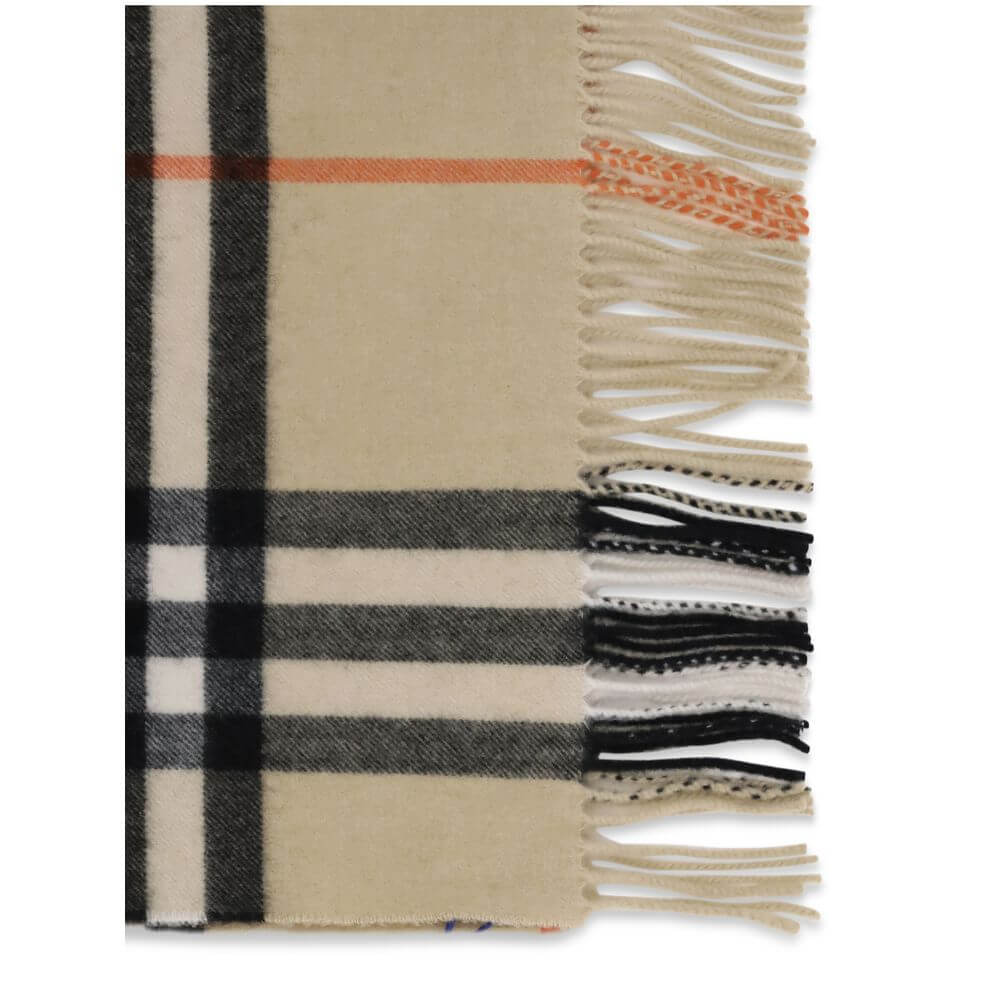 Beige Cashmere ScarfThe Wide Check Cashmere Scarf by Burberry combines the luxury of fine cashmere with the unmistakable House check pattern. Featuring a rectangular shape, fringed edges, and a subtle logo tag, it is a timeless accessory that elevates any
