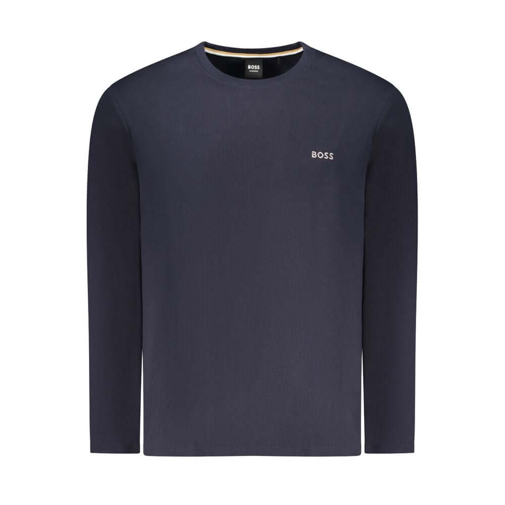 Blue Cotton Men SweaterElevate your wardrobe with the unmistakable class of Hugo Boss. This long-sleeved, crew neck sweater features the iconic Hugo Boss embroidery logo, offering a subtle nod to the brand’s storied heritage. Fashioned from a blend of pre