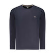 Blue Cotton Men SweaterElevate your wardrobe with the unmistakable class of Hugo Boss. This long-sleeved, crew neck sweater features the iconic Hugo Boss embroidery logo, offering a subtle nod to the brand’s storied heritage. Fashioned from a blend of pre