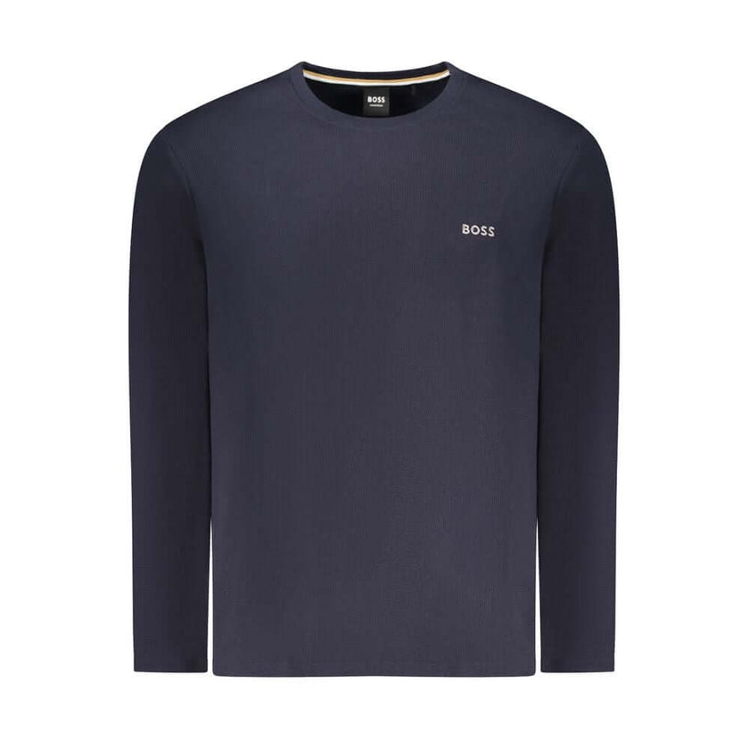 Blue Cotton Men SweaterElevate your wardrobe with the unmistakable class of Hugo Boss. This long-sleeved, crew neck sweater features the iconic Hugo Boss embroidery logo, offering a subtle nod to the brand’s storied heritage. Fashioned from a blend of pre