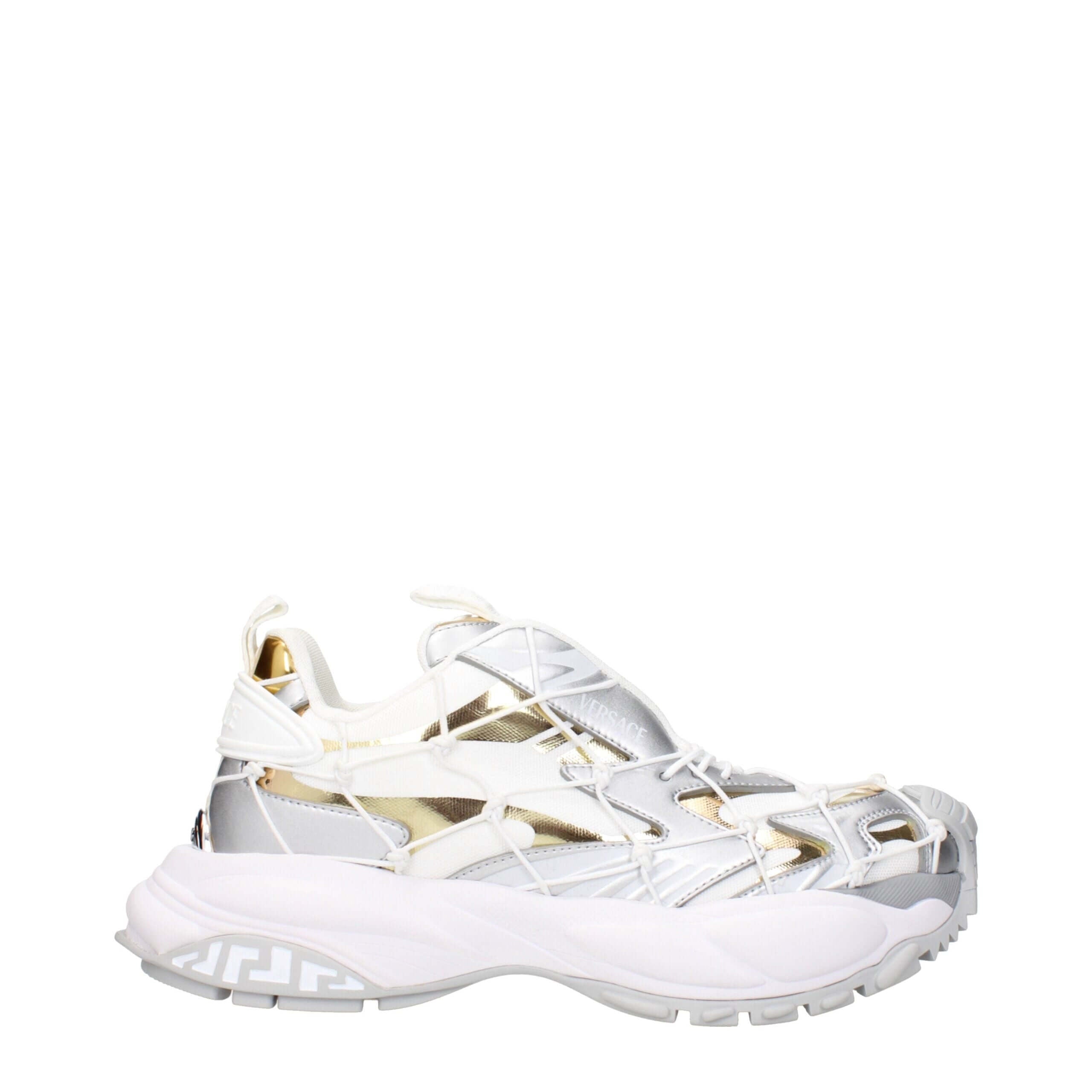 White Fabric Chunky SneakersDescription: The product with MPN 10163801A115096W690 and code F84049 fabric in white is a sneakers designed by Versace. It has features like front logo, side logo, back logo.White Fabric Chunky Sneakers${tagsVersaceAulae White