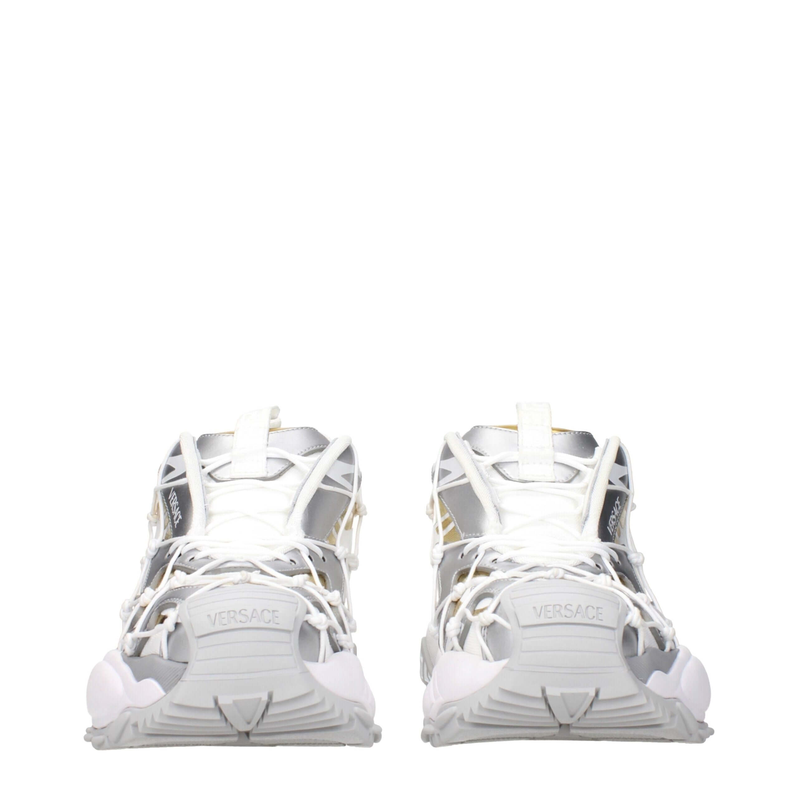 White Fabric Chunky SneakersDescription: The product with MPN 10163801A115096W690 and code F84049 fabric in white is a sneakers designed by Versace. It has features like front logo, side logo, back logo.White Fabric Chunky Sneakers${tagsVersaceAulae White