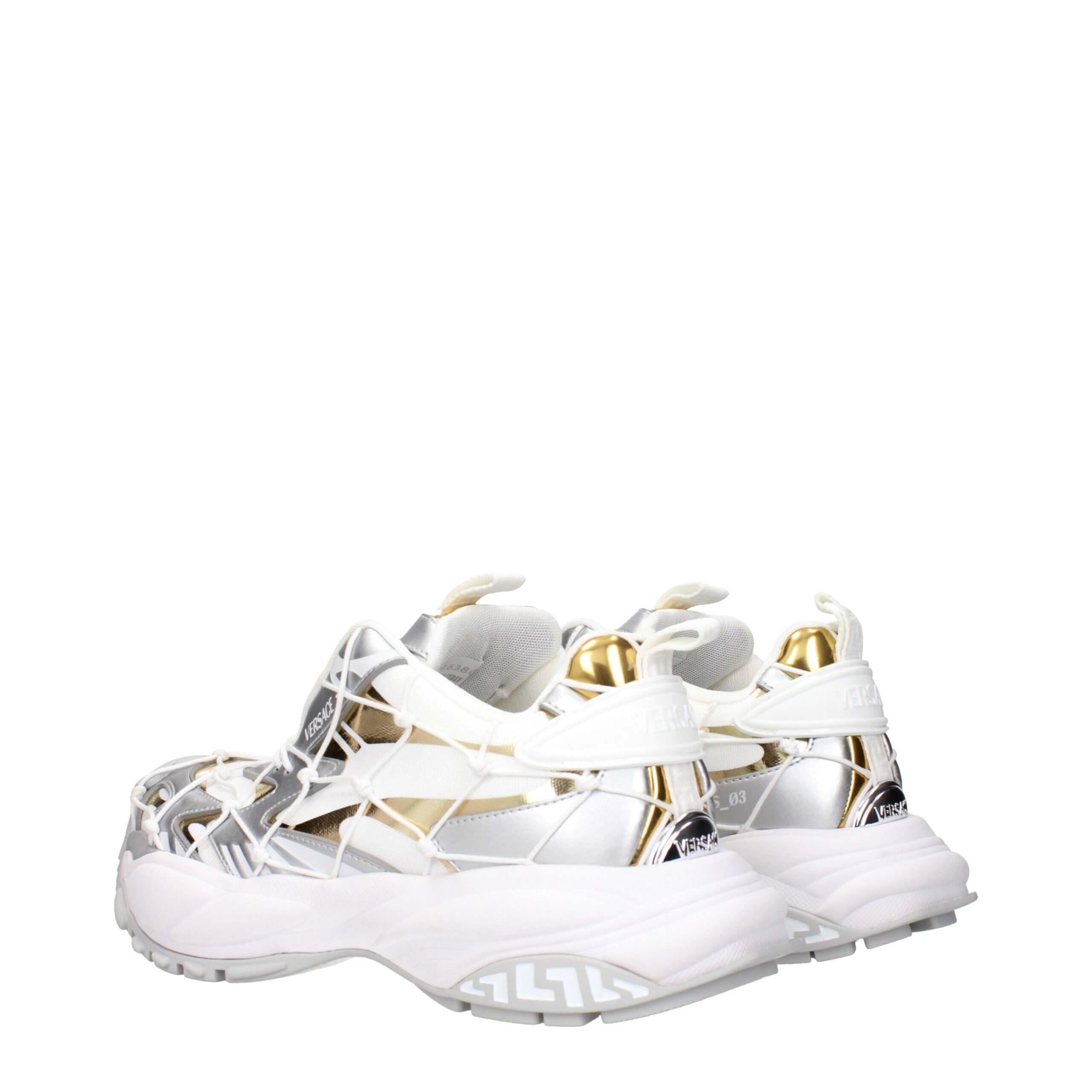 White Fabric Chunky SneakersDescription: The product with MPN 10163801A115096W690 and code F84049 fabric in white is a sneakers designed by Versace. It has features like front logo, side logo, back logo.White Fabric Chunky Sneakers${tagsVersaceAulae White