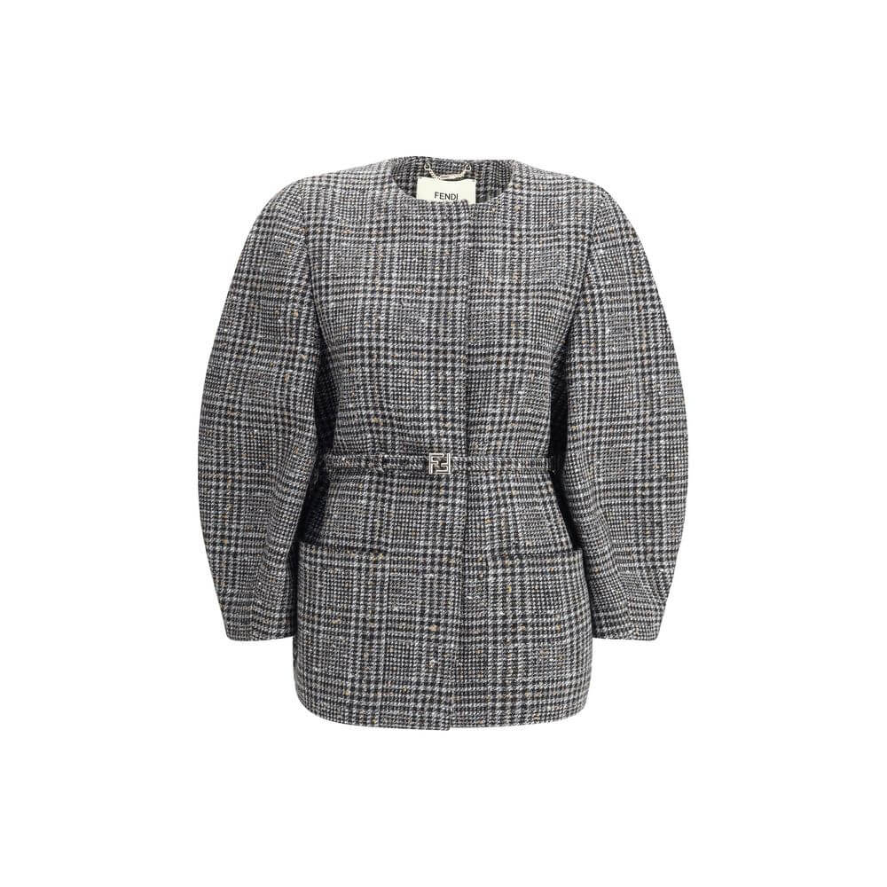 Gray Fleece Wool ClothingThe wool and cotton tweed Blouson Jacket by Fendi with a check pattern reinterprets the timeless charm of the fabric in a modern, sophisticated way. The cocoon silhouette, both enveloping and contemporary, is defined by wide long