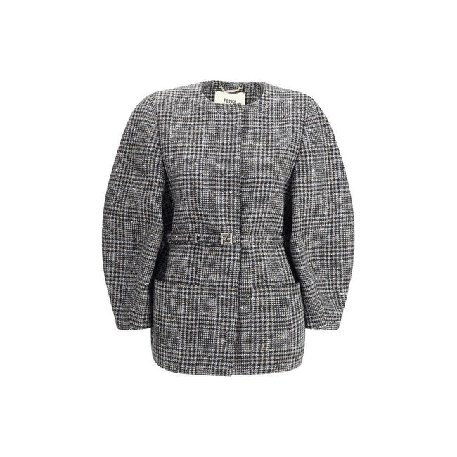 Gray Fleece Wool ClothingThe wool and cotton tweed Blouson Jacket by Fendi with a check pattern reinterprets the timeless charm of the fabric in a modern, sophisticated way. The cocoon silhouette, both enveloping and contemporary, is defined by wide long