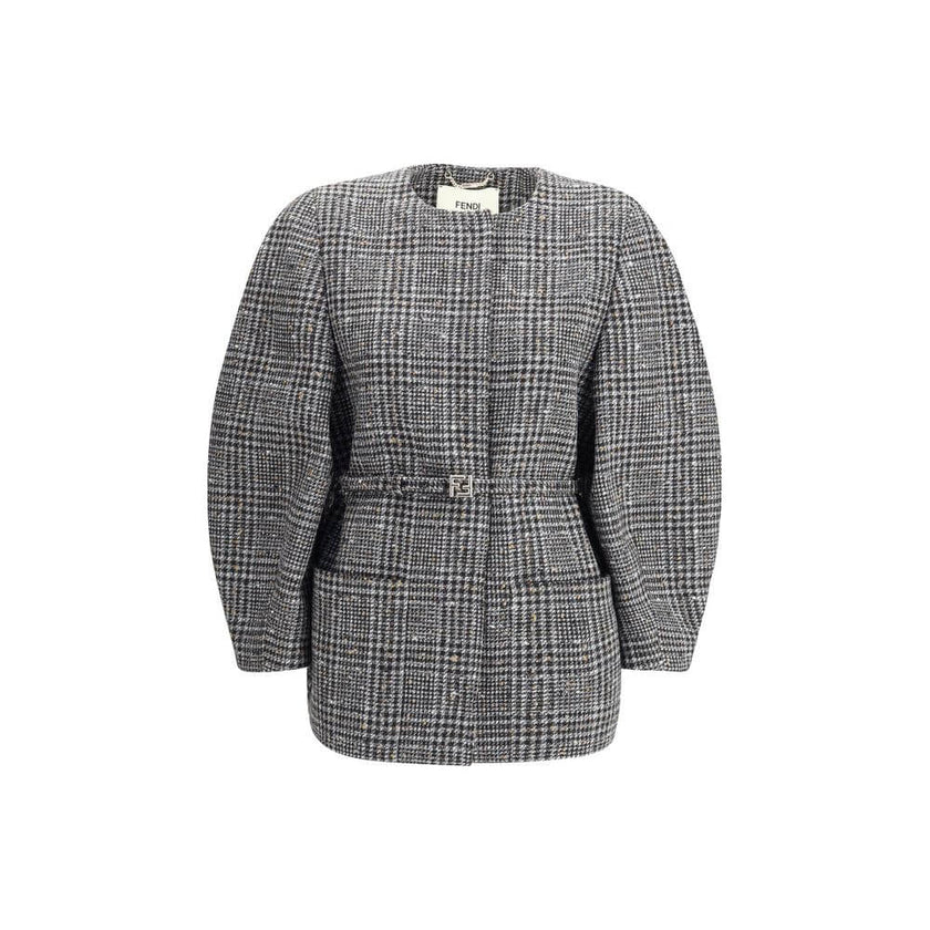 Gray Fleece Wool ClothingThe wool and cotton tweed Blouson Jacket by Fendi with a check pattern reinterprets the timeless charm of the fabric in a modern, sophisticated way. The cocoon silhouette, both enveloping and contemporary, is defined by wide long