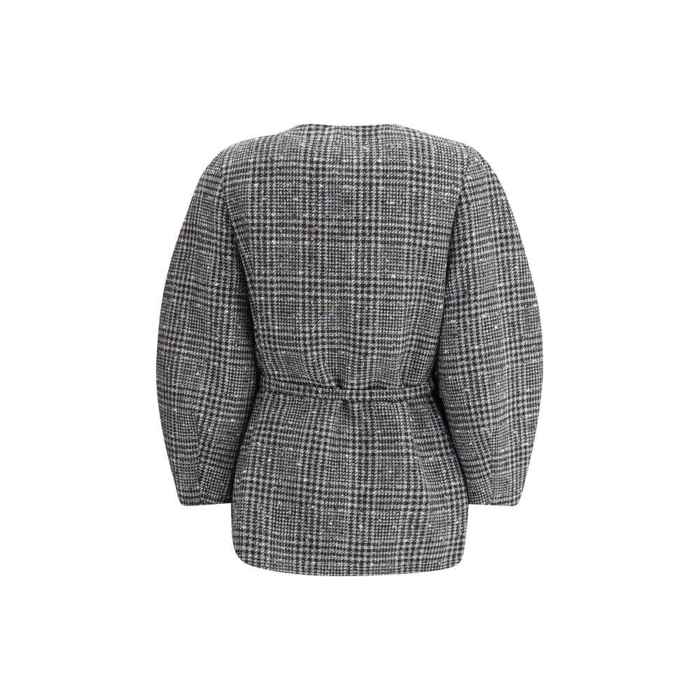 Gray Fleece Wool ClothingThe wool and cotton tweed Blouson Jacket by Fendi with a check pattern reinterprets the timeless charm of the fabric in a modern, sophisticated way. The cocoon silhouette, both enveloping and contemporary, is defined by wide long
