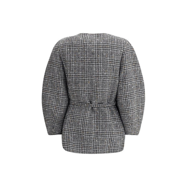Gray Fleece Wool ClothingThe wool and cotton tweed Blouson Jacket by Fendi with a check pattern reinterprets the timeless charm of the fabric in a modern, sophisticated way. The cocoon silhouette, both enveloping and contemporary, is defined by wide long