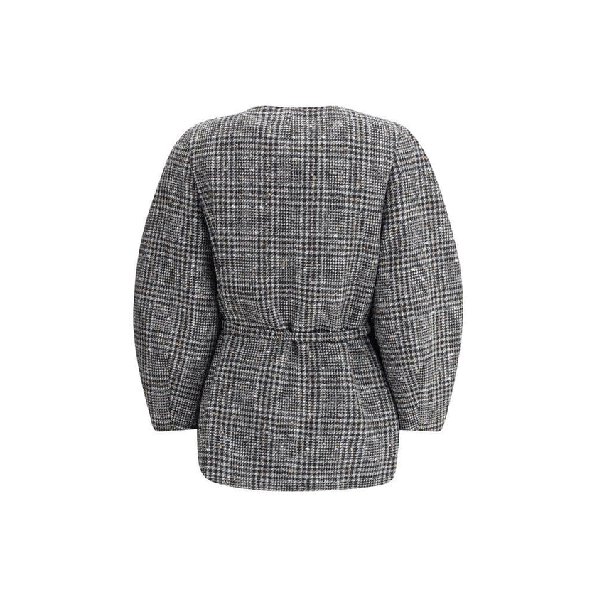 Gray Fleece Wool ClothingThe wool and cotton tweed Blouson Jacket by Fendi with a check pattern reinterprets the timeless charm of the fabric in a modern, sophisticated way. The cocoon silhouette, both enveloping and contemporary, is defined by wide long