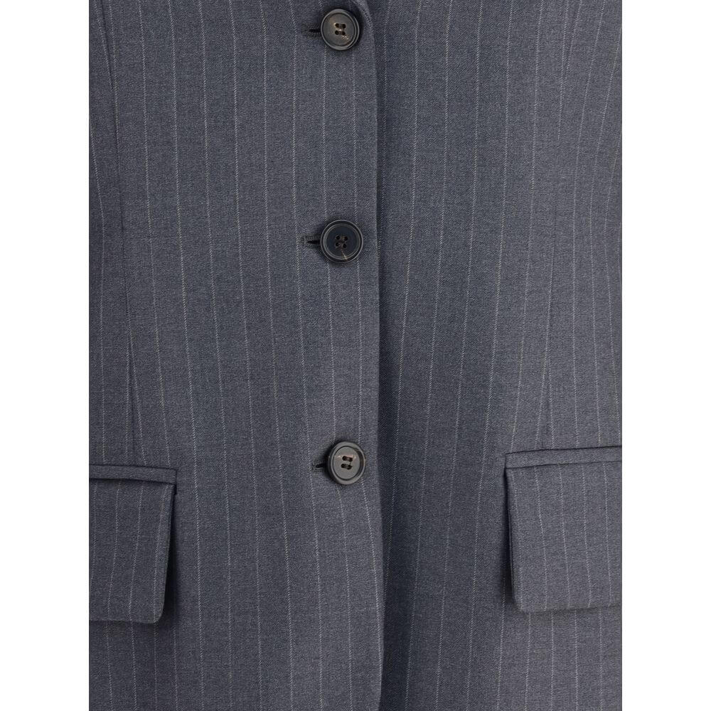 Gray Fleece Wool BlazerMiu Miu’s striped Blazer combines classic elegance with contemporary details. The single-breasted design features two welt flap pockets, a breast pocket and peaked lapels, while the ribbed collar and double sleeves add a touch of or