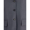 Gray Fleece Wool BlazerMiu Miu’s striped Blazer combines classic elegance with contemporary details. The single-breasted design features two welt flap pockets, a breast pocket and peaked lapels, while the ribbed collar and double sleeves add a touch of or