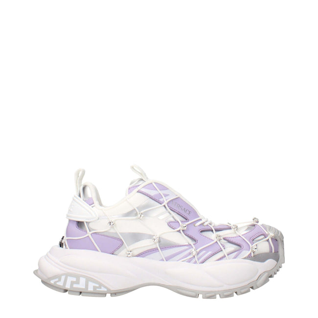 White Fabric Chunky SneakersDescription: The product with MPN 10163801A115082WX30 and code F85151 fabric in white is a sneakers designed by Versace. It has features like front logo, side logo, rhinestone.White Fabric Chunky Sneakers${tagsVersaceAulae Whit