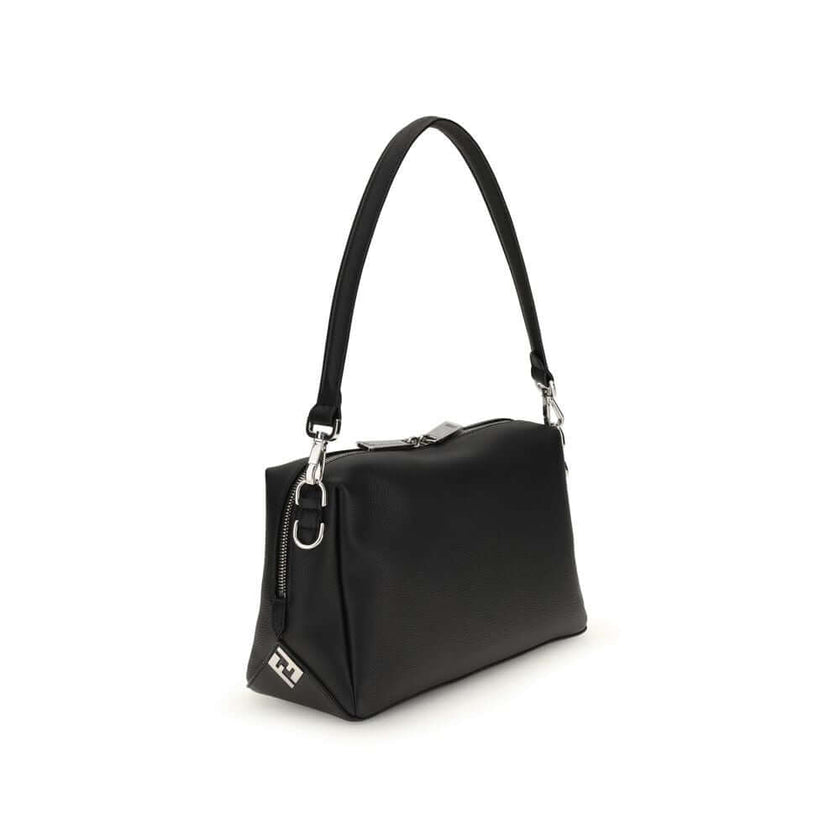 Black Calf Leather Bos Taurus Shoulder BagThe Lui Bag by Fendi features a soft, structured design with a clean, contemporary aesthetic. Crafted from black grained calf leather, it’s enhanced by a long double-slider zip and signature FF metal accents on th