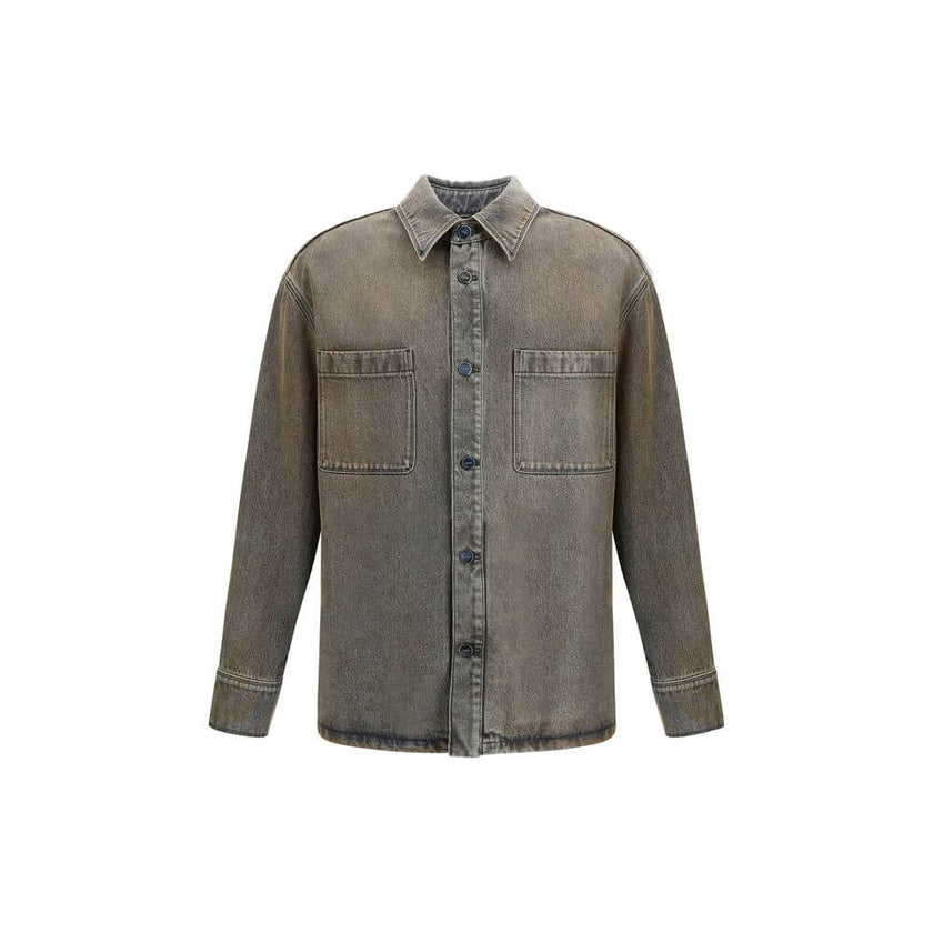 Gray Denim ShirtThe overdyed Denim Shirt by Fendi embodies a bold, contemporary spirit. Designed with dropped shoulders and chest patch pockets, it balances casual ease with refined craftsmanship. The front is fastened with logo-engraved metal buttons, ad