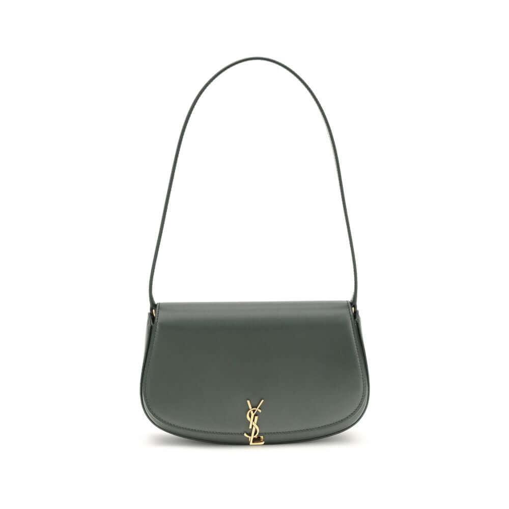Green Calf Leather Bos Taurus Shoulder BagThe Voltaire mini Shoulder Bag by Saint Laurent is an elegant crescent-shaped bag crafted from calfskin with a lightly polished finish. Bronze-colored metallic parts add a warm, vintage touch, while the Cassandre