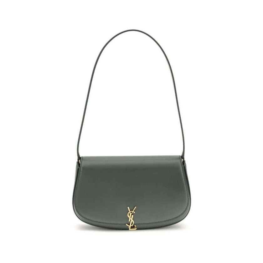 Green Calf Leather Bos Taurus Shoulder BagThe Voltaire mini Shoulder Bag by Saint Laurent is an elegant crescent-shaped bag crafted from calfskin with a lightly polished finish. Bronze-colored metallic parts add a warm, vintage touch, while the Cassandre