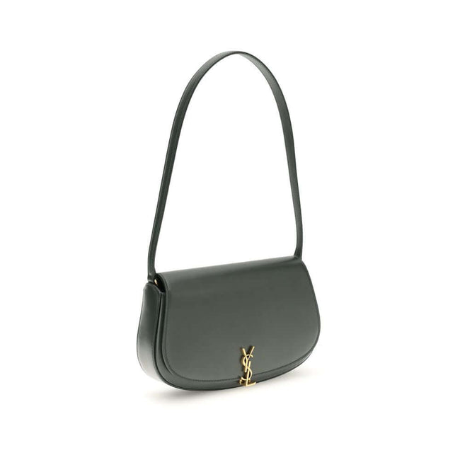 Green Calf Leather Bos Taurus Shoulder BagThe Voltaire mini Shoulder Bag by Saint Laurent is an elegant crescent-shaped bag crafted from calfskin with a lightly polished finish. Bronze-colored metallic parts add a warm, vintage touch, while the Cassandre