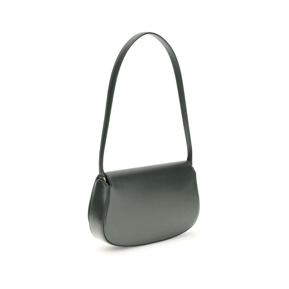 Green Calf Leather Bos Taurus Shoulder BagThe Voltaire mini Shoulder Bag by Saint Laurent is an elegant crescent-shaped bag crafted from calfskin with a lightly polished finish. Bronze-colored metallic parts add a warm, vintage touch, while the Cassandre