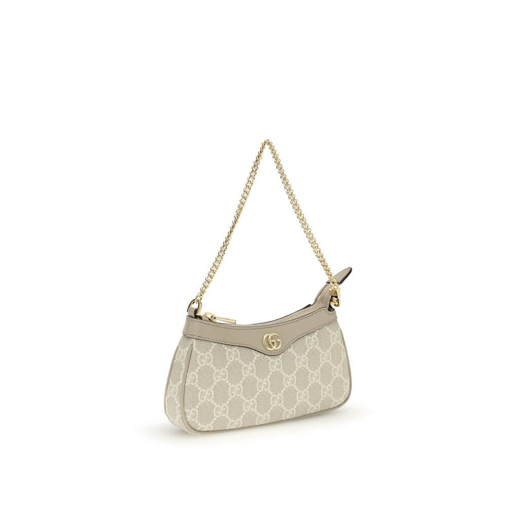 Ophidia Mini Shoulder BagOphidia Mini Shoulder Bag by Gucci is an elegant accessory in beige and white GG Supreme fabric with beige leather trim that accentuates its sophistication. Gold-tone hardware and the Double G logo add a distinctive and luxurious