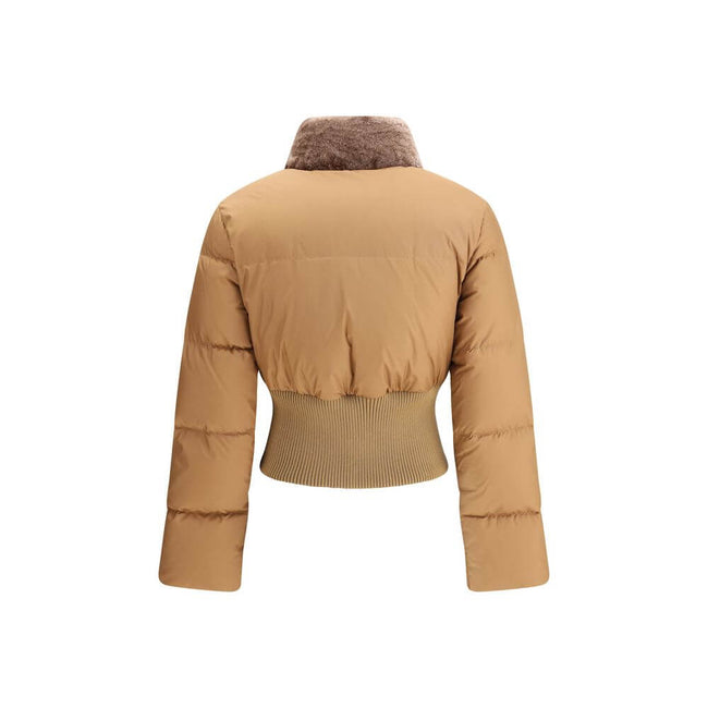 Brown Polyester Full-Length JacketThe Fendi cropped Down Jacket redefines winter outerwear with a contemporary elegance. Quilted padding and a high collar ensure warmth and protection, while the ribbed knit waistband in a tone-on-tone finish sculpts the s