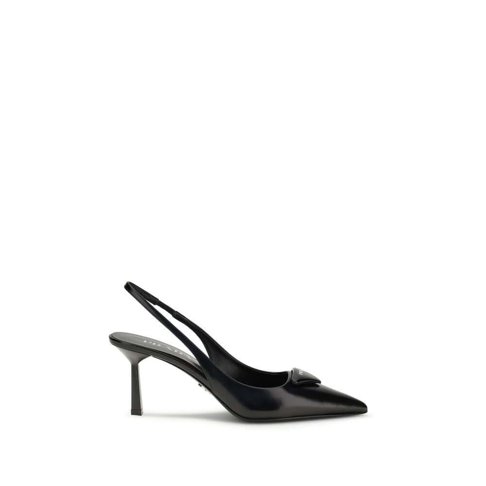 Black Leather High Heel PumpsThe leather slingback Pumps by Prada express contemporary elegance with clean lines and iconic details. Made of smooth leather, they are embellished with the classic tonal leather triangle logo on the front. The pointed toe mo