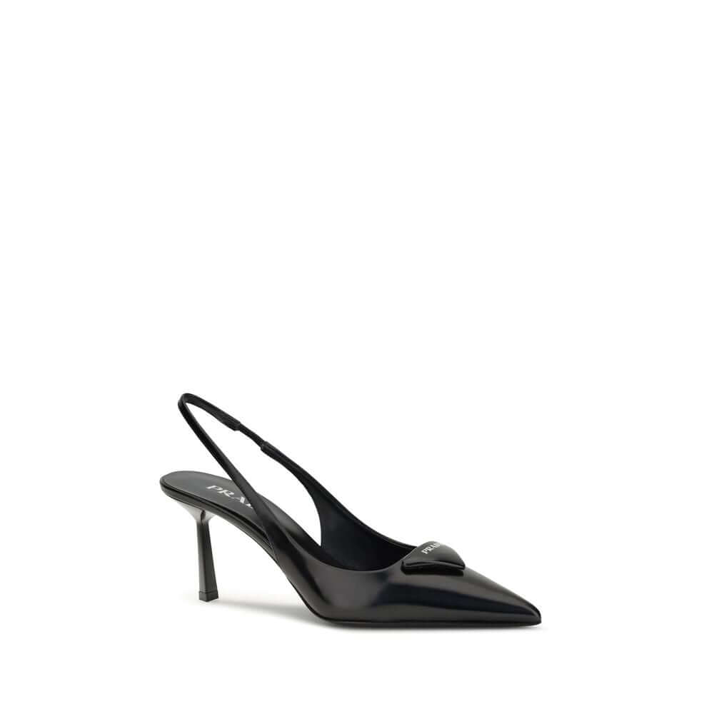 Black Leather High Heel PumpsThe leather slingback Pumps by Prada express contemporary elegance with clean lines and iconic details. Made of smooth leather, they are embellished with the classic tonal leather triangle logo on the front. The pointed toe mo