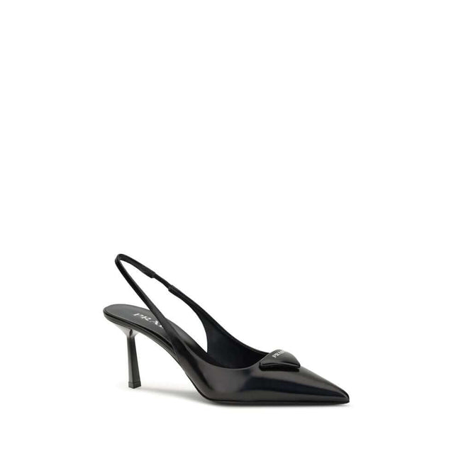 Black Leather High Heel PumpsThe leather slingback Pumps by Prada express contemporary elegance with clean lines and iconic details. Made of smooth leather, they are embellished with the classic tonal leather triangle logo on the front. The pointed toe mo