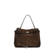 Brown Calf Leather Bos Taurus Shoulder BagThe Medium Rodeo Bag by Balenciaga blends sophistication and practicality with its combination of waxed suede calfskin and smooth leather. It features a top handle and a detachable shoulder strap for versatile car