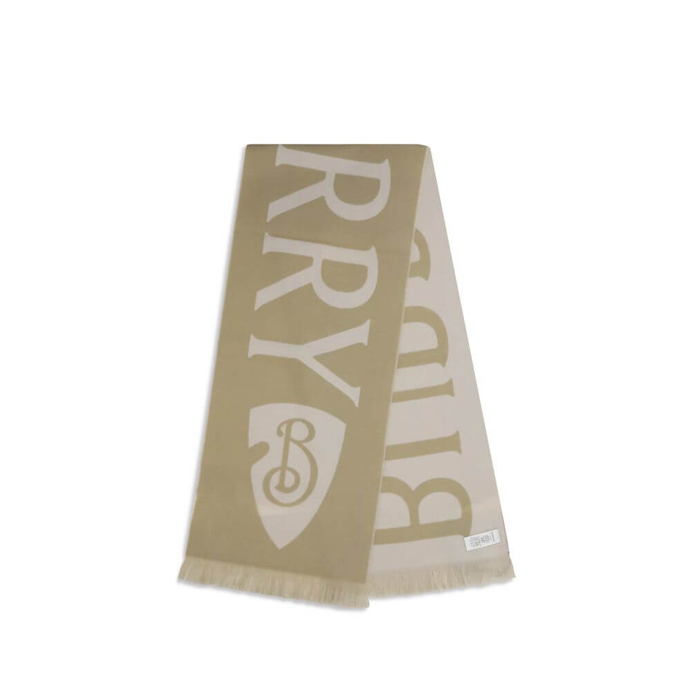 Beige Wool ScarfThe logo wool Scarf by Burberry is an accessory with a classic and distinctive style. Made in Italy, it features a two-tone design with Burberry lettering and a jacquard B Shield pattern, inspired by the iconic Equestrian Knight Design. Re